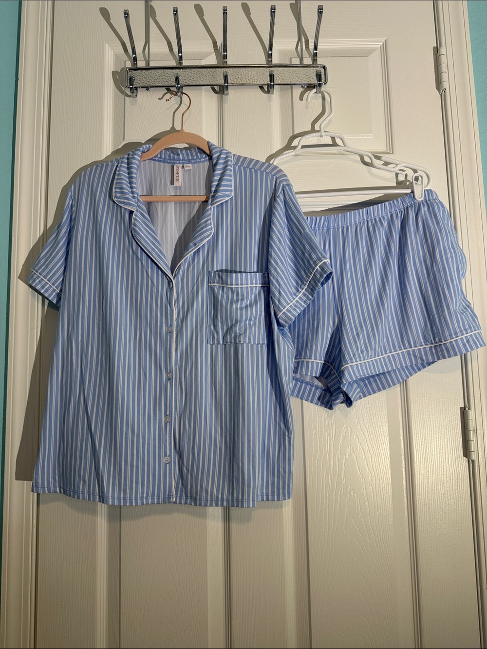 Women’s Light Blue Striped Short Sleeve Pajama Set - Two-Piece Sleepwear